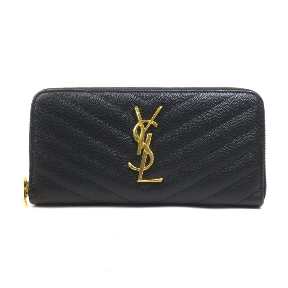 Saint Laurent round zipper long wallet leather black gold